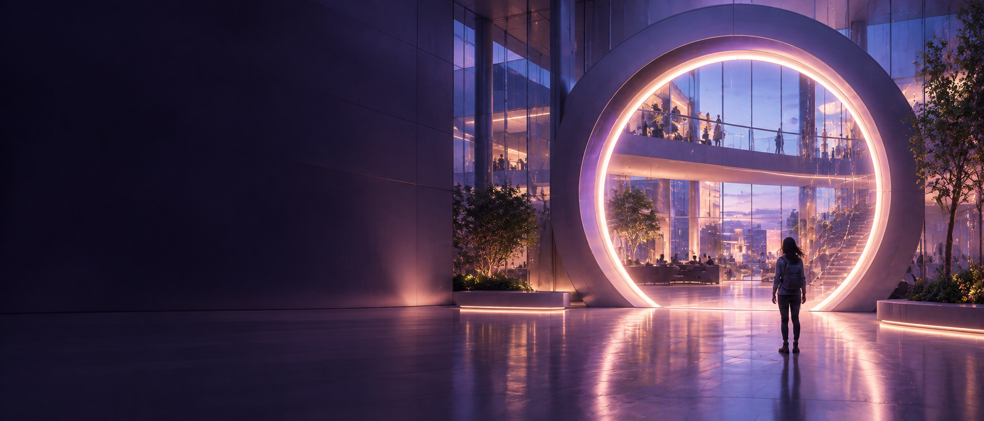 A person approaching a softly lit circular gateway in a contemporary public space