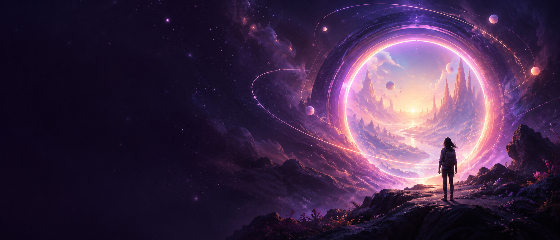 A person looking toward a luminous purple portal into a new world